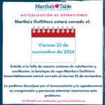 Debido a la falla de nuestro sistema de calefacción y ventilación, la boutique de ropa Martha's Outfitters lamentablemente estará cerrada el viernes 22 de noviembre. 

Le pedimos disculpas por el inconveniente y le agradecemos su comprensión y paciencia mientras resolvemos este problema. 